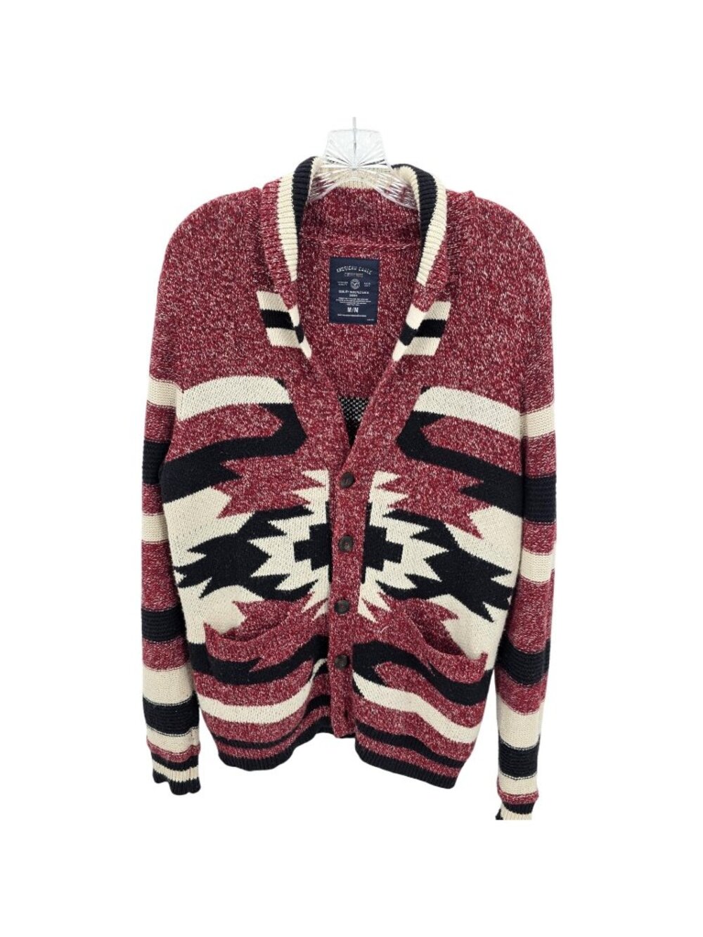 American Eagle Outfitter Cardigan Men Medium Red Southwestern Aztec Shawl Knit
